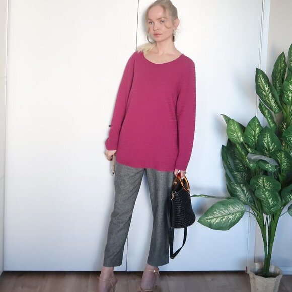 Eileen Fisher Pink/ Fuchsia Jewel Neck Ribbed Sweater - Picture 12 of 12